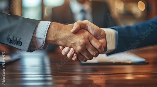 a smiling year old businessman shaking hands with his partner after signing an agreement during an office meeting 