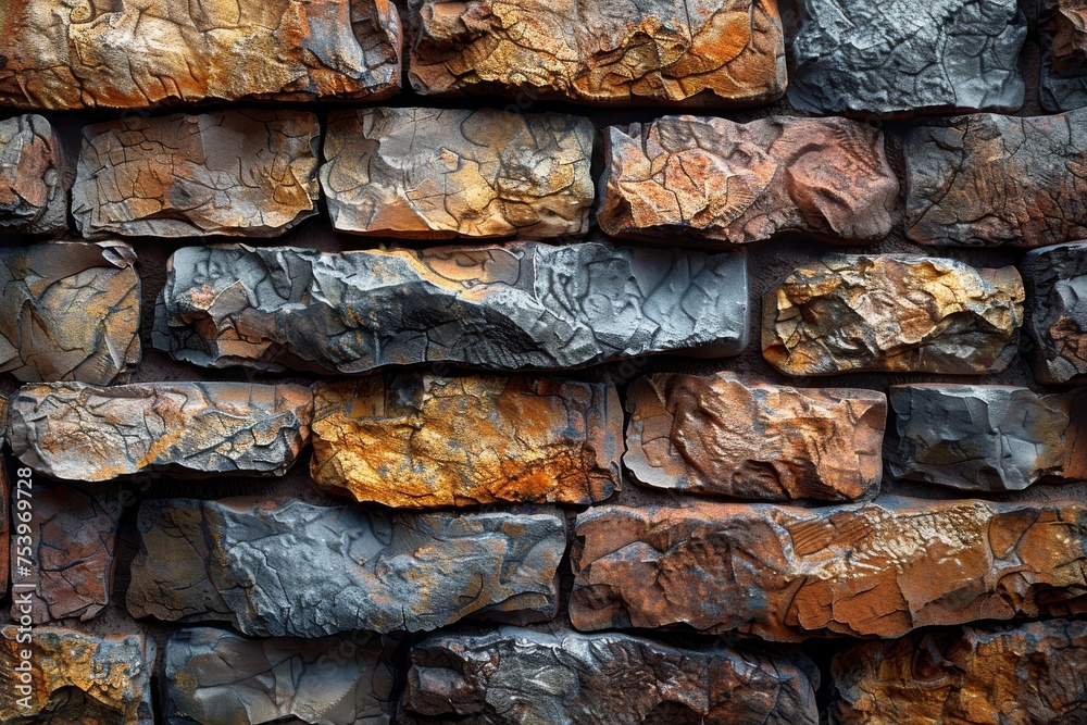 A wall of stacked stones with vibrant textures and colors resembling geological stratigraphy layers A wall of stacked stones with vibrant textures and colors resembling geological stratigraphy layers