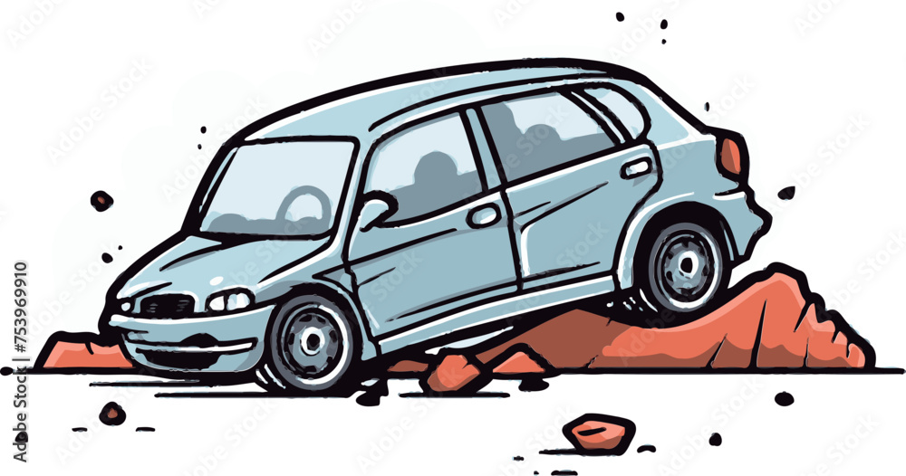 High Quality Vector Drawing of a Head On Collision with Vehicles Crumpled