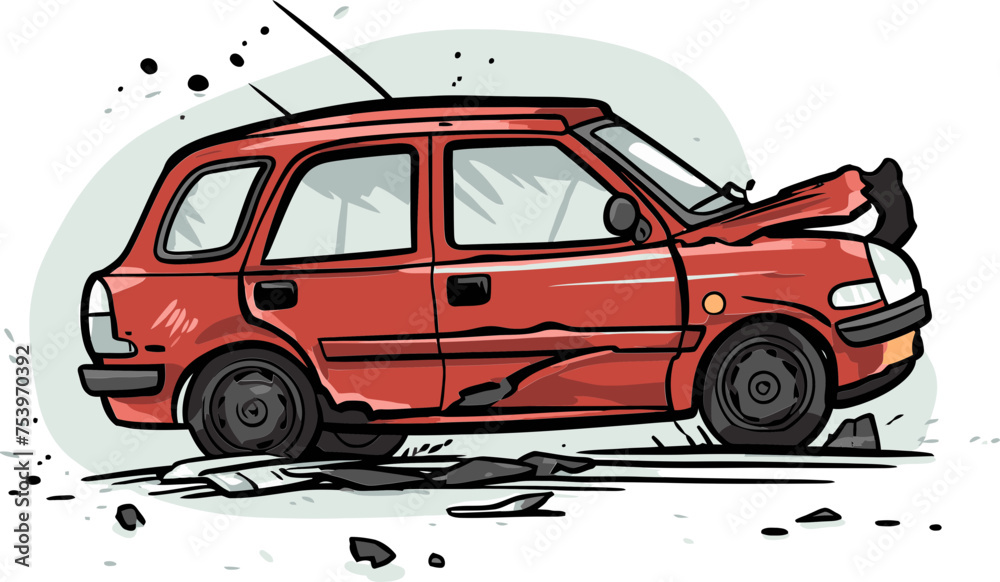 Detailed Illustration of a Vehicle Crash Involving a Semi Truck on a Foggy Morning