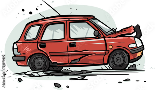 Detailed Illustration of a Vehicle Crash Involving a Semi Truck on a Foggy Morning