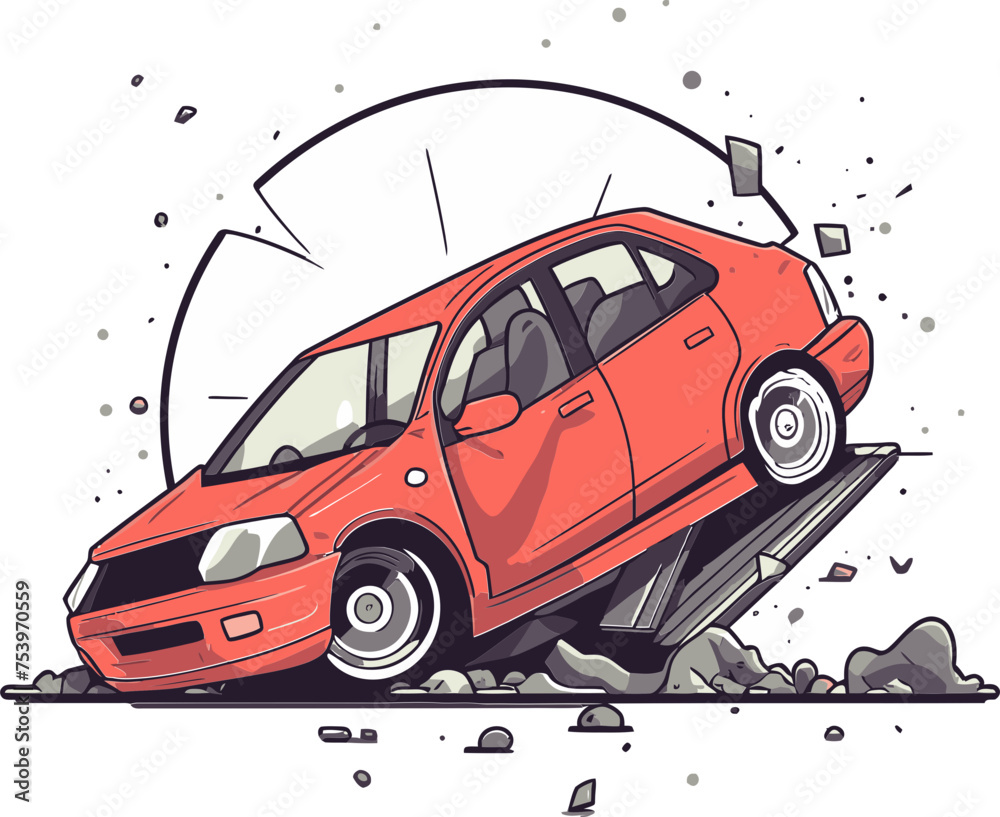 Vector Graphic Illustrating a Collision Between a Car and a Deer on a Country Road