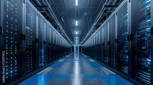 Peron at a Corridor in a Working Data Center Full of Rack Servers and Supercomputers with High Internet Visualisation Projection. IT Engineer in a Artificial intelligence data server room