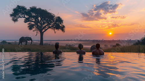 A couple in a swimming pool with the background Elephants in the savanna in Kruger park in South  Africa  a safari camp  and a luxury lodge pool in the bush