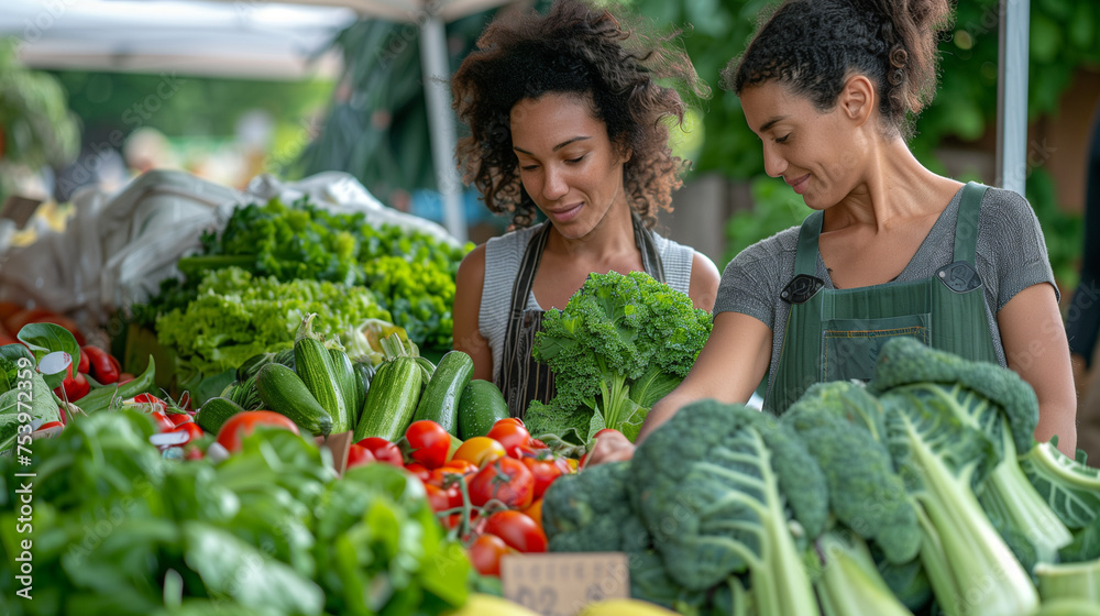 Obraz premium Customer Buying Sustainable Organic Vegetables From a Black Female Farmer on a Sunny Summer Day. Successful Street Vendor Managing a Farm Stall at an Outdoors Eco Market