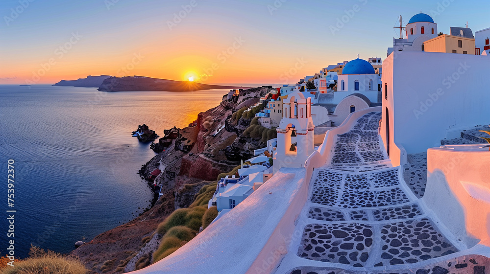 Obraz premium Oia Santorini Greece, Greek village at sunset, streets of Santorini
