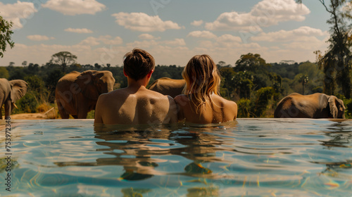 A couple in a swimming pool with the background Elephants in the savanna in Africa, a safari camp, and a luxury lodge pool in the bush