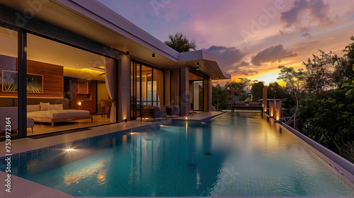 Modern house with a swimming pool, modern pool villa at the beach, luxury villa at sunset , holiday home © Fokke Baarssen