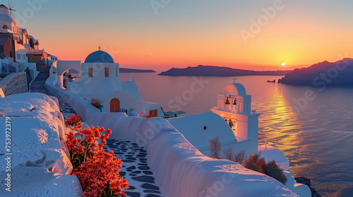 village of Oia Santorini Greece, a traditional Greek village in Santorini Europe at sunset photo