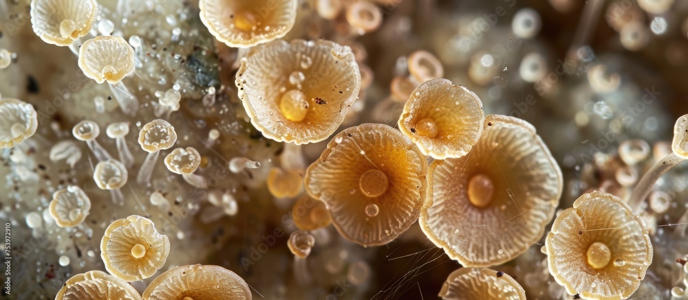 A close-up view of a group of tiny moorland fungus mushrooms in Shetland, Scotland. The mushrooms are clustered together, showcasing their unique shapes and textures. A close-up view of a group of tiny moorland fungus mushrooms in Shetland, Scotland. The mushrooms are clustered together, showcasing their unique shapes and textures.