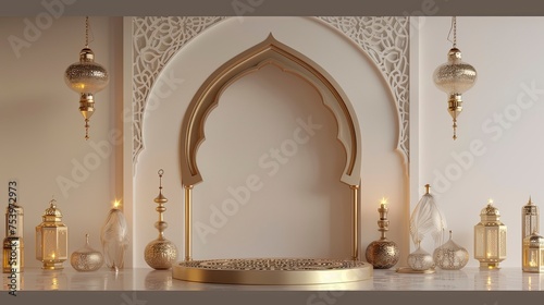 3d podium with Ramadan decoration, copy space - generative ai © Nia™