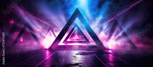 A neon triangle stands in the middle of a futuristic stage, illuminated by glowing purple, pink, and blue lights. The dark, grungy concrete floor reflects the fluorescent colors, creating a surreal