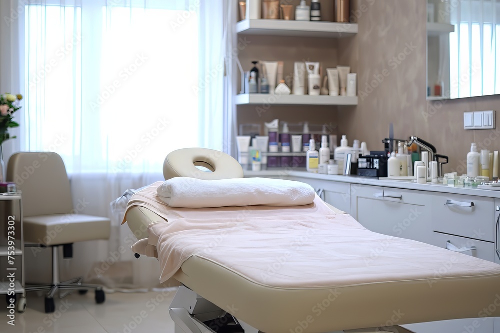 Fototapeta premium Interior of new beauty salon with spa massage table and set of skincare products ready for use