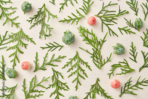 Fir leaves, green cones and paradise apples creating natural pattern photo