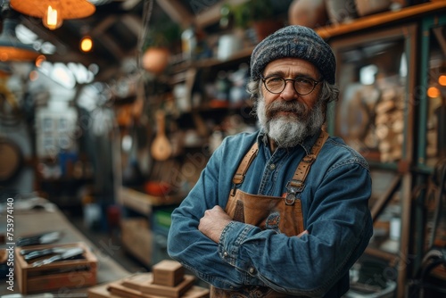 A senior man with a full beard and glasses poses with crossed arms in a pottery studio  his demeanor is joyful and accomplished