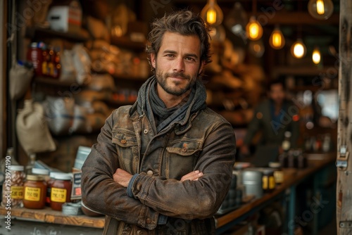 A man with a casual beard and a leather jacket stands confidently with arms crossed in front of a market stall, portraying urban coolness