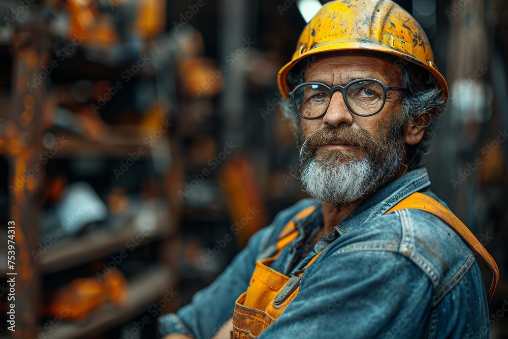 A serious man with a helmet standing in an industrial workshop A serious man with a helmet standing in an industrial workshop