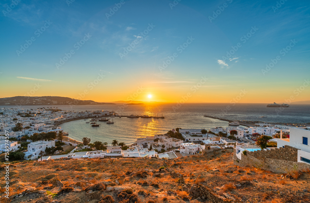 Dreamy sunset near the coast of Mykonos, Cyclades, Greece