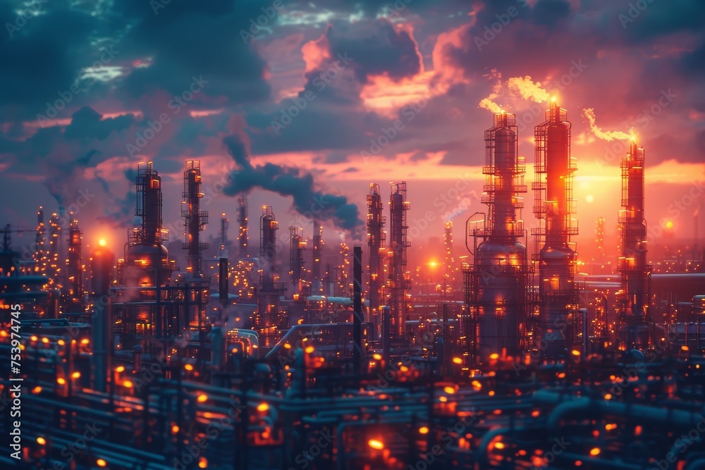 custom made wallpaper toronto digitalAn expansive industrial cityscape shines under the dimming sky, showcasing a complex network of structures and lights