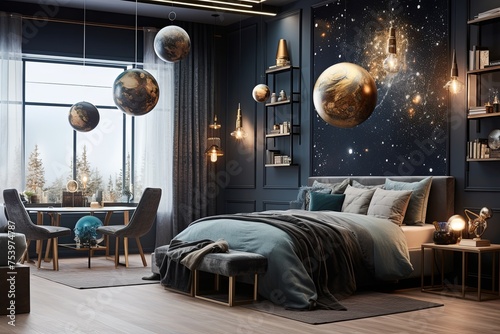 Planet Mobile Celestial Bliss: Space-Inspired Bedroom Decor Ideas photo