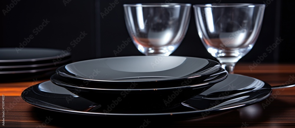 A set of black dinnerware consisting of plates, bowls, and mugs arranged neatly on a wooden table. The table is well-lit, showcasing the elegant and simple design of the dinnerware.