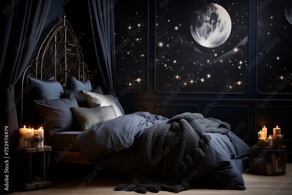 Twinkling Fairy Lights & Celestial Charm: Darkly Decorated Celestial-Themed Bedroom Inspirations