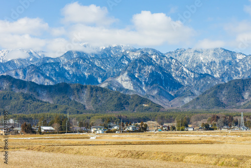 日本の風景・冬　JR大糸線からの車窓　北アルプスの山々