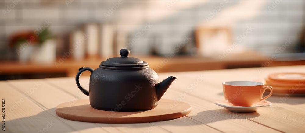 A ceramic tea pot, cup, and saucer are arranged neatly on a round wooden table. Nearby, there is a notebook with empty pages. The scene is set against a blurred kitchen interior with bright furniture. - obrazy, fototapety, plakaty 