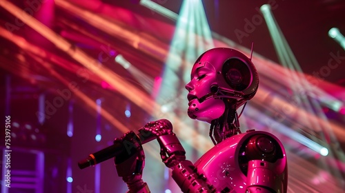 A robot is singing into a microphone on stage with vibrant pink and amber lighting and digital backdrop photo