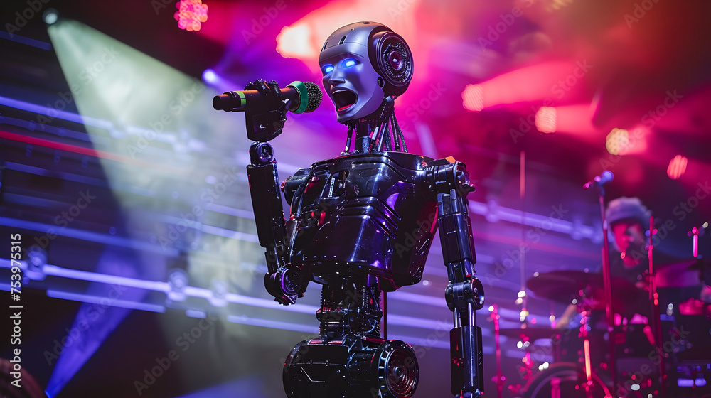 A candid shot of a humanoid robot captivating the audience with its singing performance on a concert stage embodying the future of entertainment technology A candid shot of a humanoid robot captivating the audience with its singing performance on a concert stage embodying the future of entertainment technology