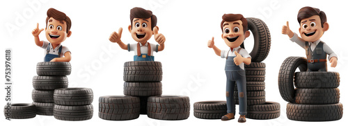 3D Icon set Cartoon Character of Tire Salesman