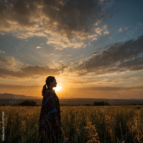 A woman silhouette stands against a breathtaking expansive landscape during golden hour © americandigi