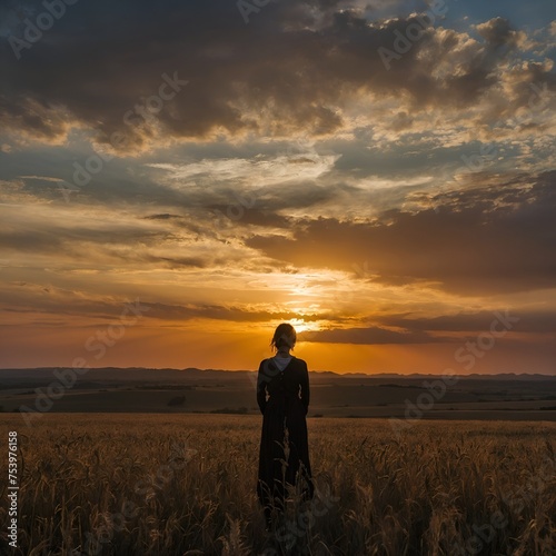 A woman silhouette stands against a breathtaking expansive landscape during golden hour