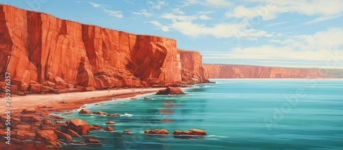 The painting depicts a beach with crashing waves in the foreground and a tall cliff in the background. The sky is clear with a few fluffy clouds.