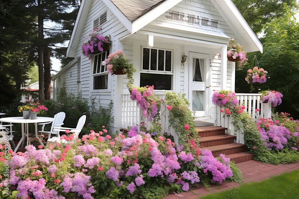 Fototapeta premium Cottage Style Garden Patio Inspirations: Blossoming Flower Boxes and Charming Window Decor Ideas