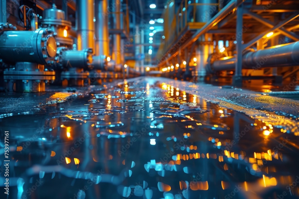 An industrial scene with lit pipelines & reflections on wet surfaces showcasing technology & engineering