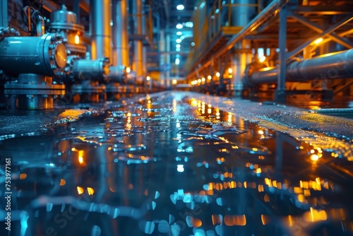 An industrial scene with lit pipelines   reflections on wet surfaces showcasing technology   engineering