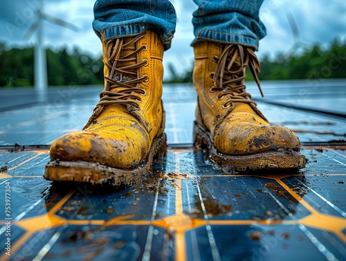 A construction worker walks through a solar field with the solar panels with wind turbines at the background, fresh sunny day