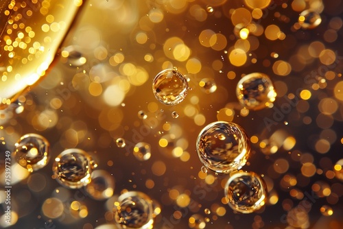 Closeup of golden champagne bubbles against festive lights