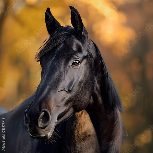 Close up of a black horses gaze, against a sky backdrop