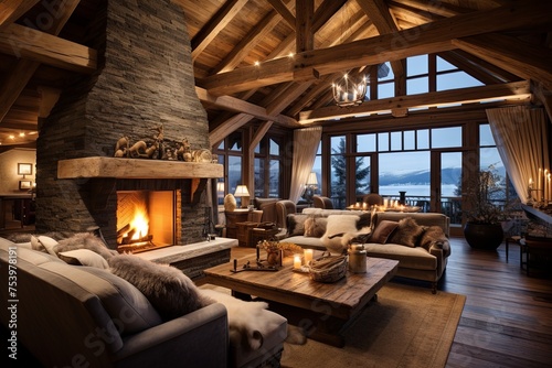 Fireplace Retreat: Cozy Chalet Living Room Ideas with Wood Beams © Michael