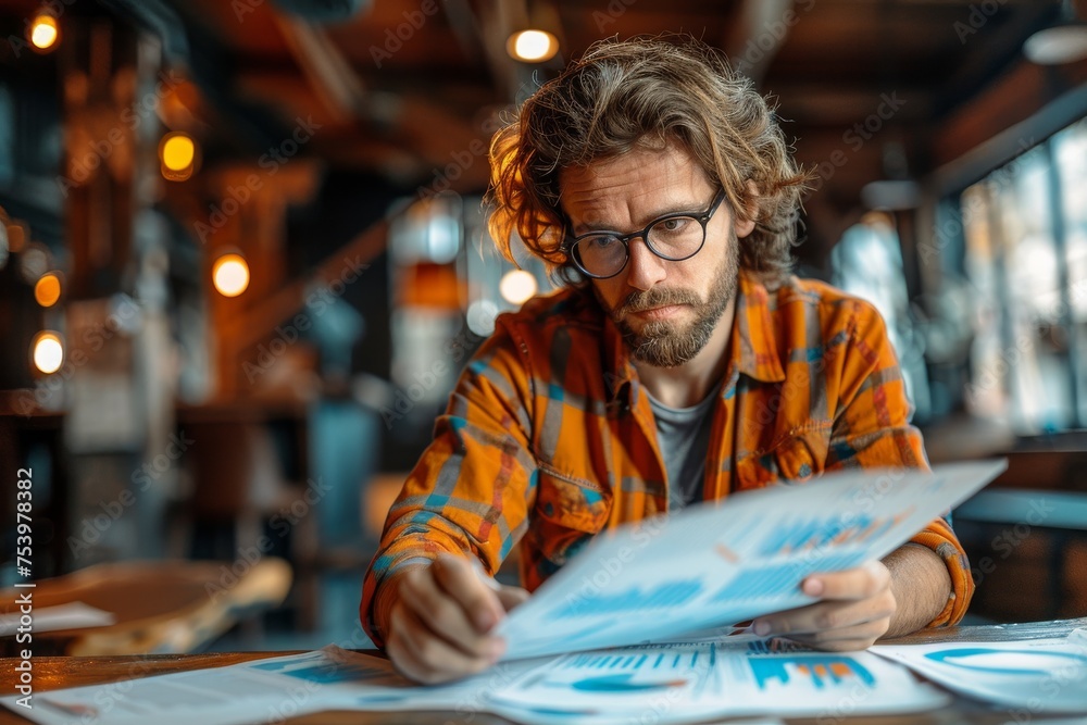 A man in a checkered shirt examines graphs and charts, indicative of financial analysis or business planning A man in a checkered shirt examines graphs and charts, indicative of financial analysis or business planning