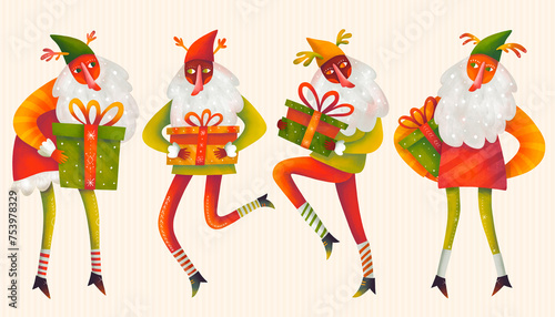 Fairy characters styled Christmas gnomes holding the gifts