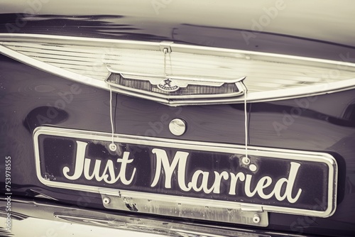 A Vintage car with Just Married written in cursive font on number plate. 