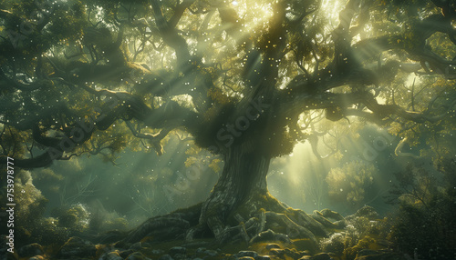 Sunlight cascades through an enchanted forest, highlighting the mystical grandeur of an ancient tree and its dense foliage