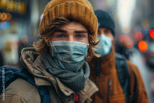 A young, blue-eyed man wearing a mask and hat poses on a city street, illustrating urban life during health concerns photo