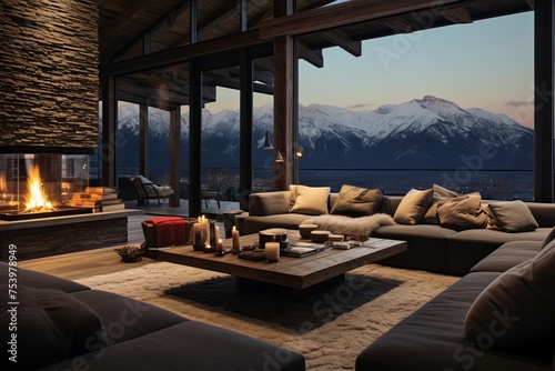 Mountaintop Cozy Chalet Living Room Design: Panoramic View and Plush Seating © Michael