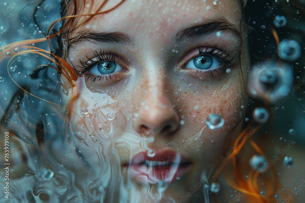 An artistic portrayal of a young girl underwater, with vivid colors and bubbles, evoking a sense of submersion in thought