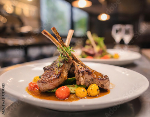 Grilled lamb chops with vegetables on white plate on restaurant counter. Restaurant menu.