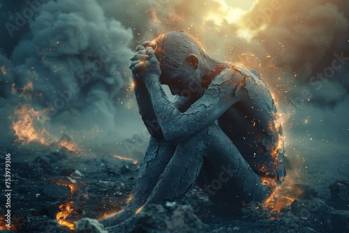 A haunting depiction of a humanoid figure sitting despondently amid flames and ash, embodying despair or ruin photo